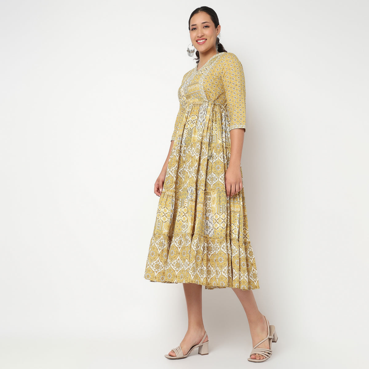 Printed V Neck Tired Kurta