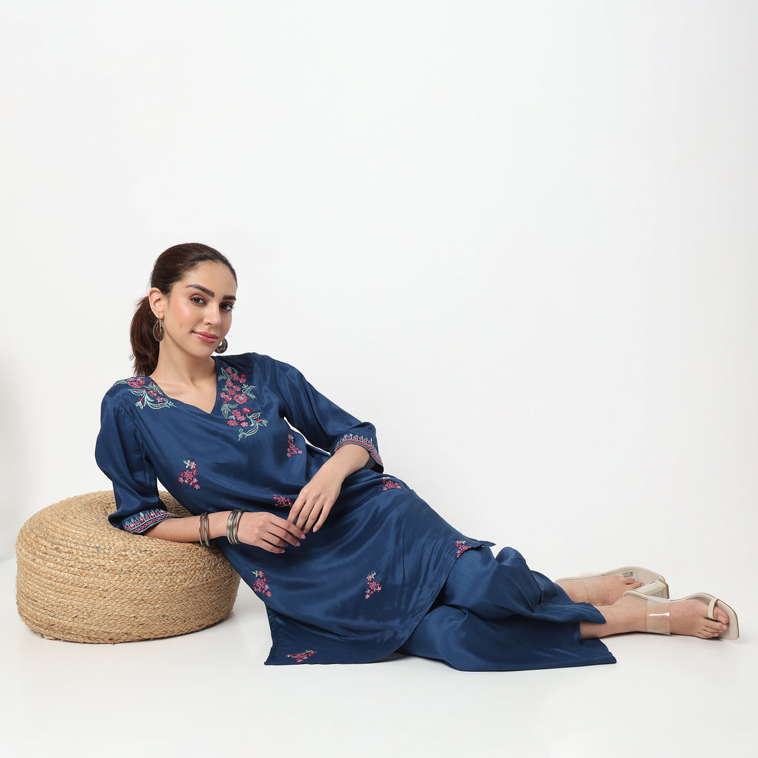 V-Neck Embroidered Straight Kurta