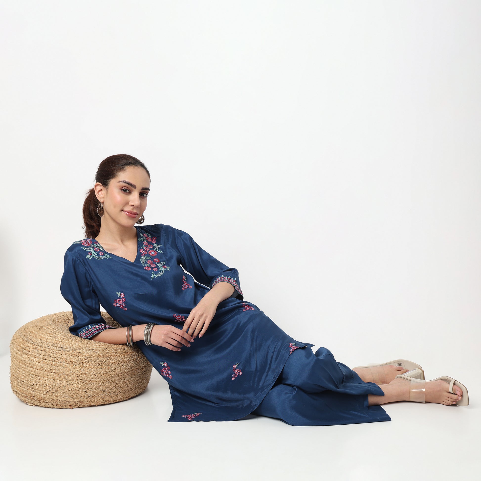 V-Neck Embroidered Straight Kurta