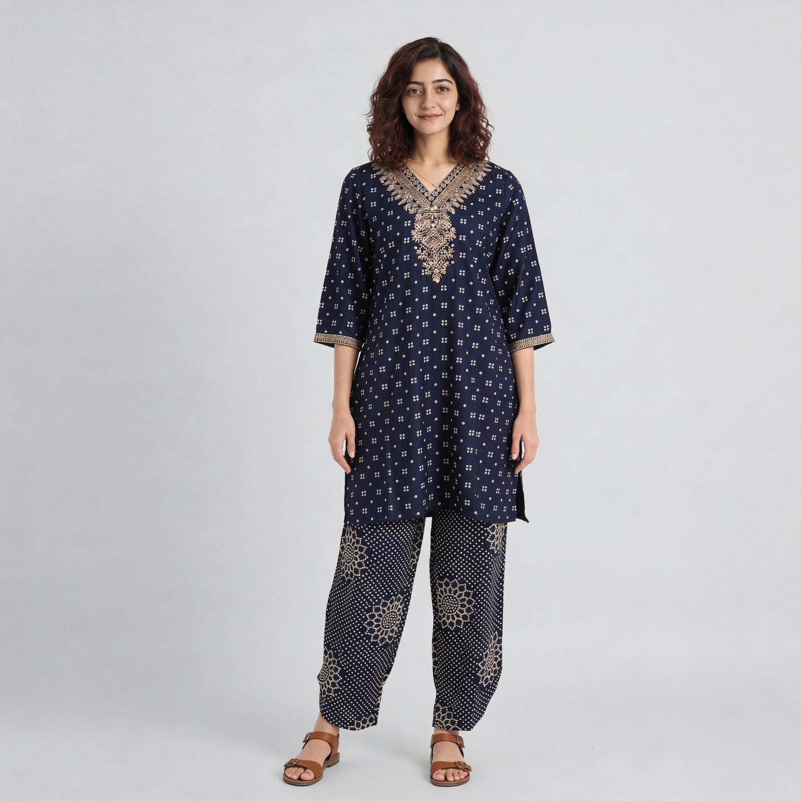 V-Neck Printed Straight Kurta