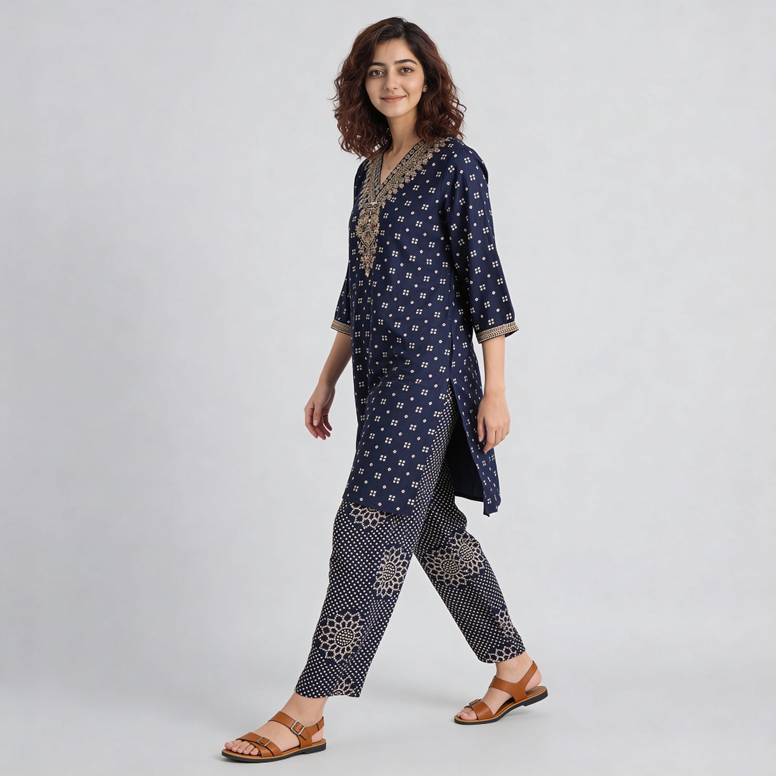 V-Neck Printed Straight Kurta