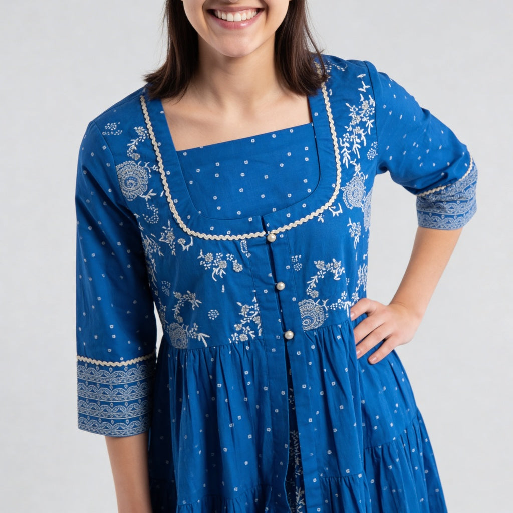 Cotton Printed Tired Jacket Style Kurta
