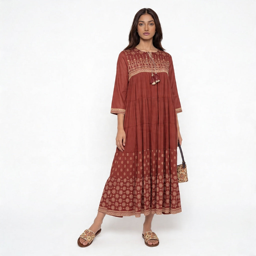 Cotton Embroidered Tiered Kurta