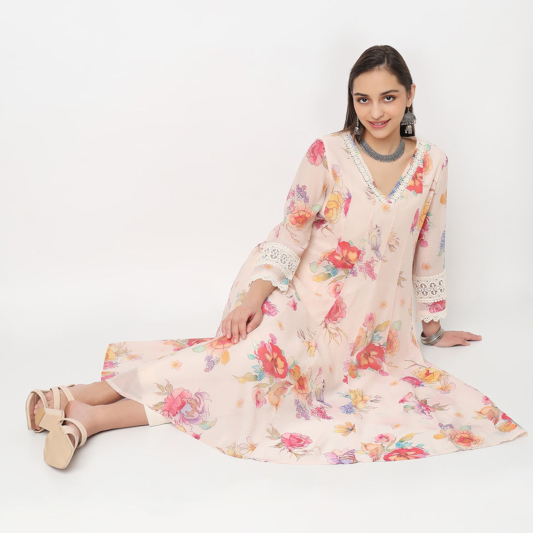 Printed V-Neck Kalidar Kurta