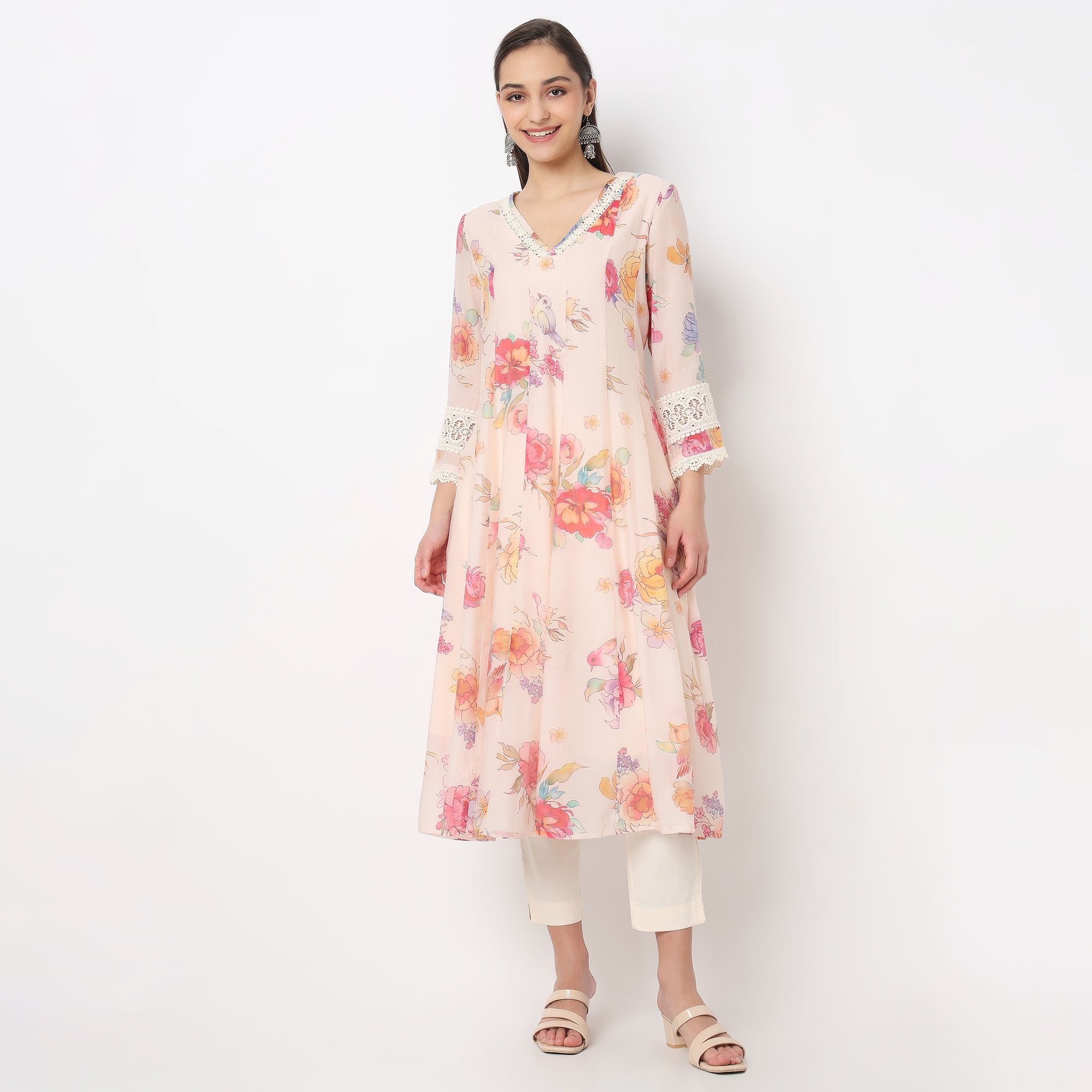 Printed V-Neck Kalidar Kurta