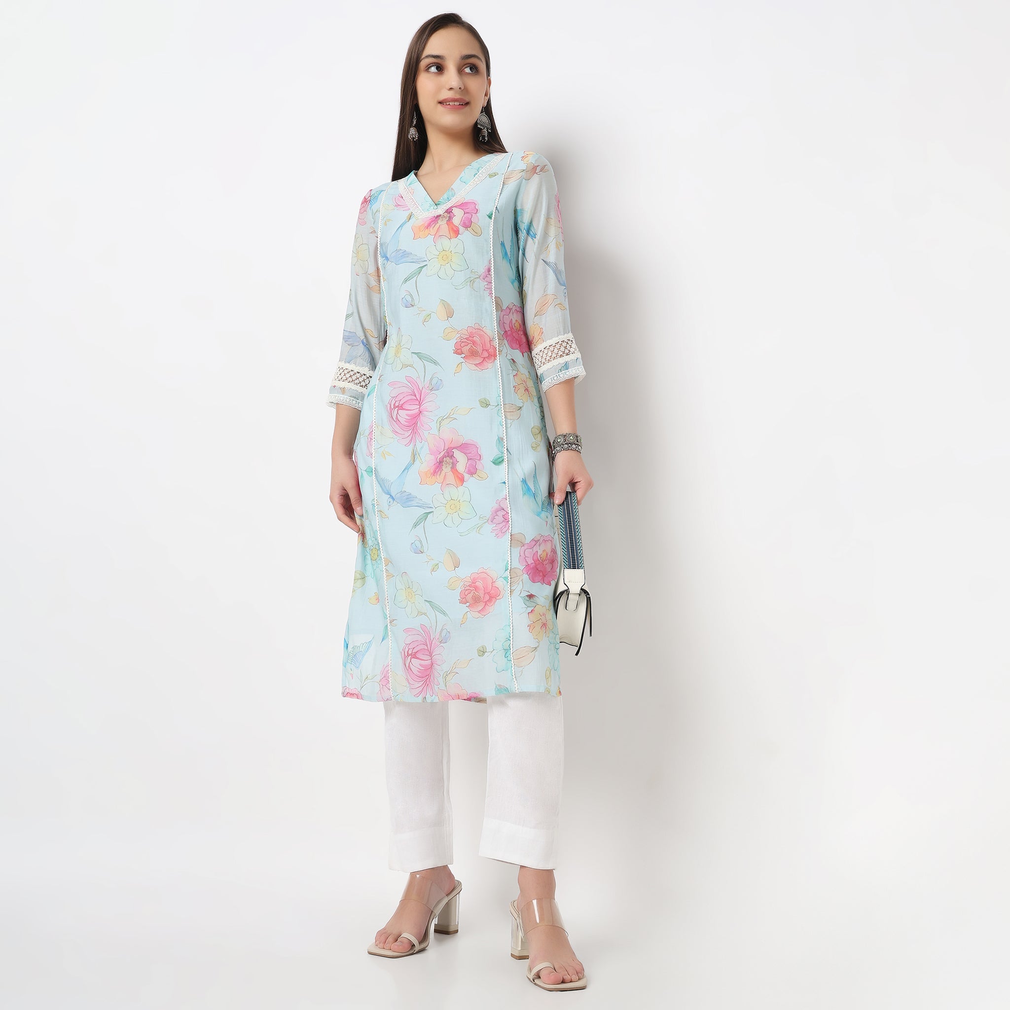 Printed V-Neck Straight Kurta