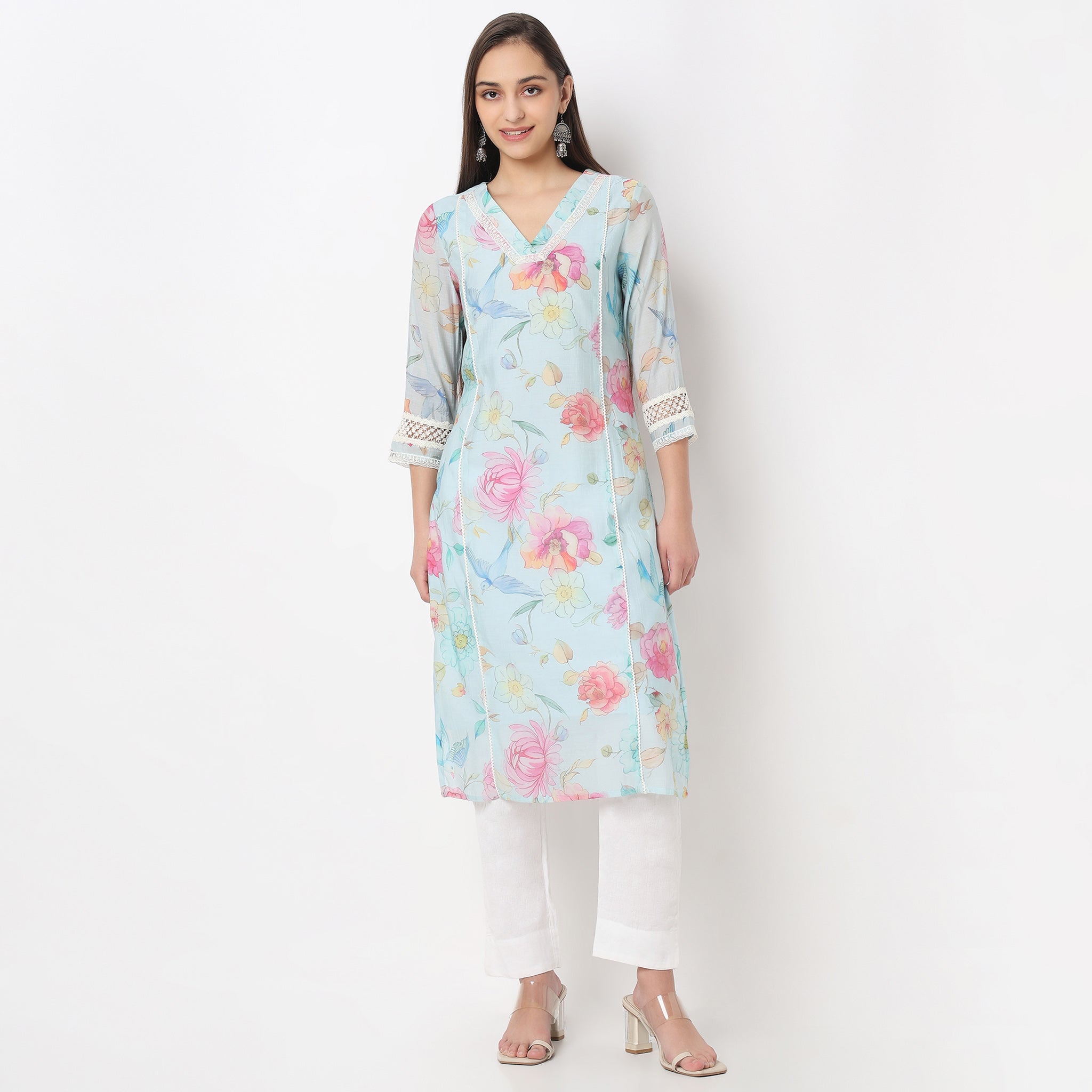 Printed V-Neck Straight Kurta
