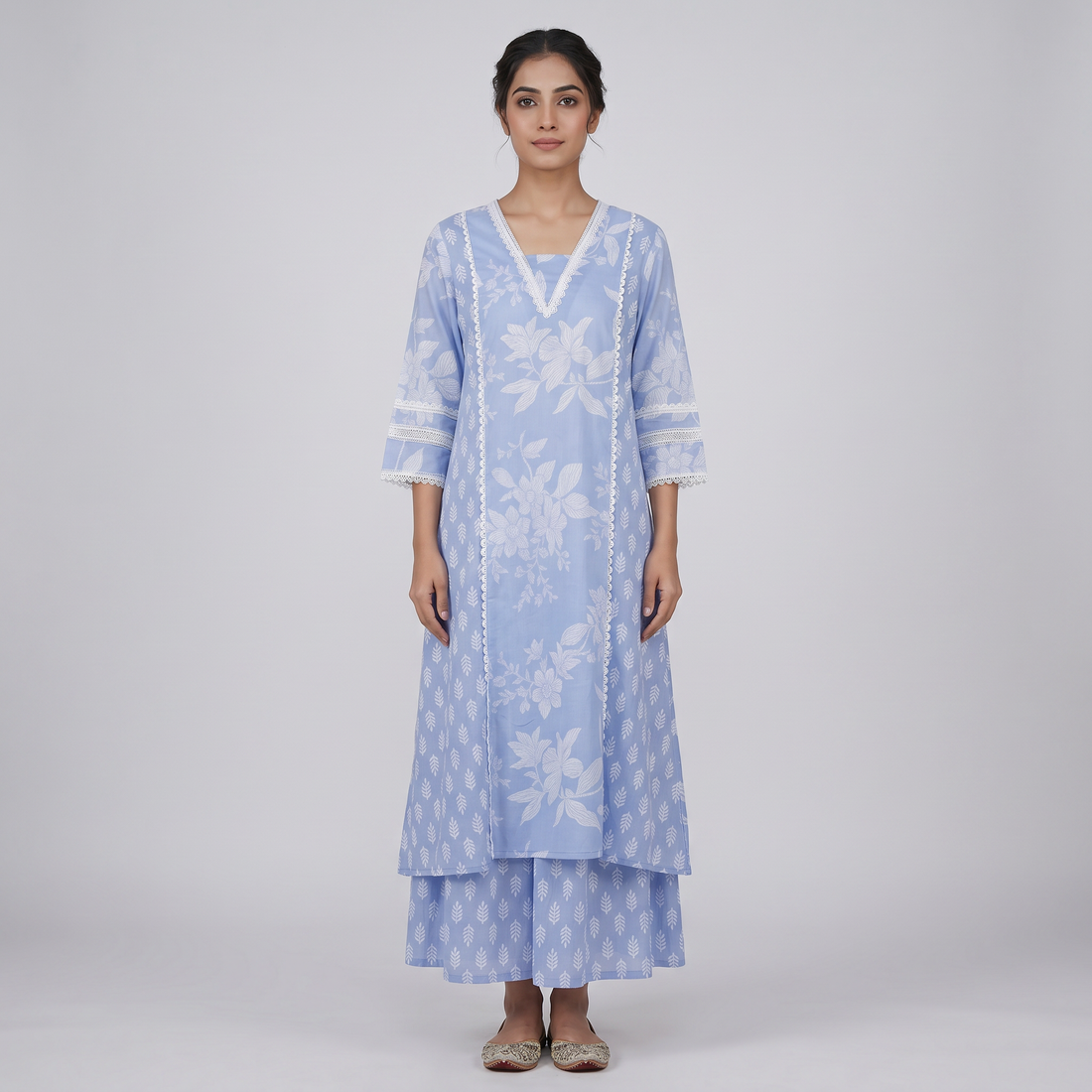 Cotton Printed V-Neck Flared Kurta