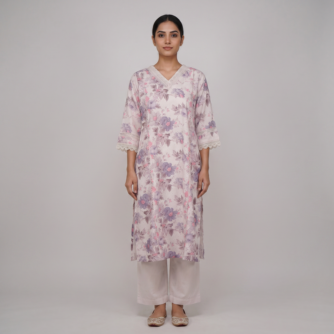 Printed V-Neck Straight Kurta