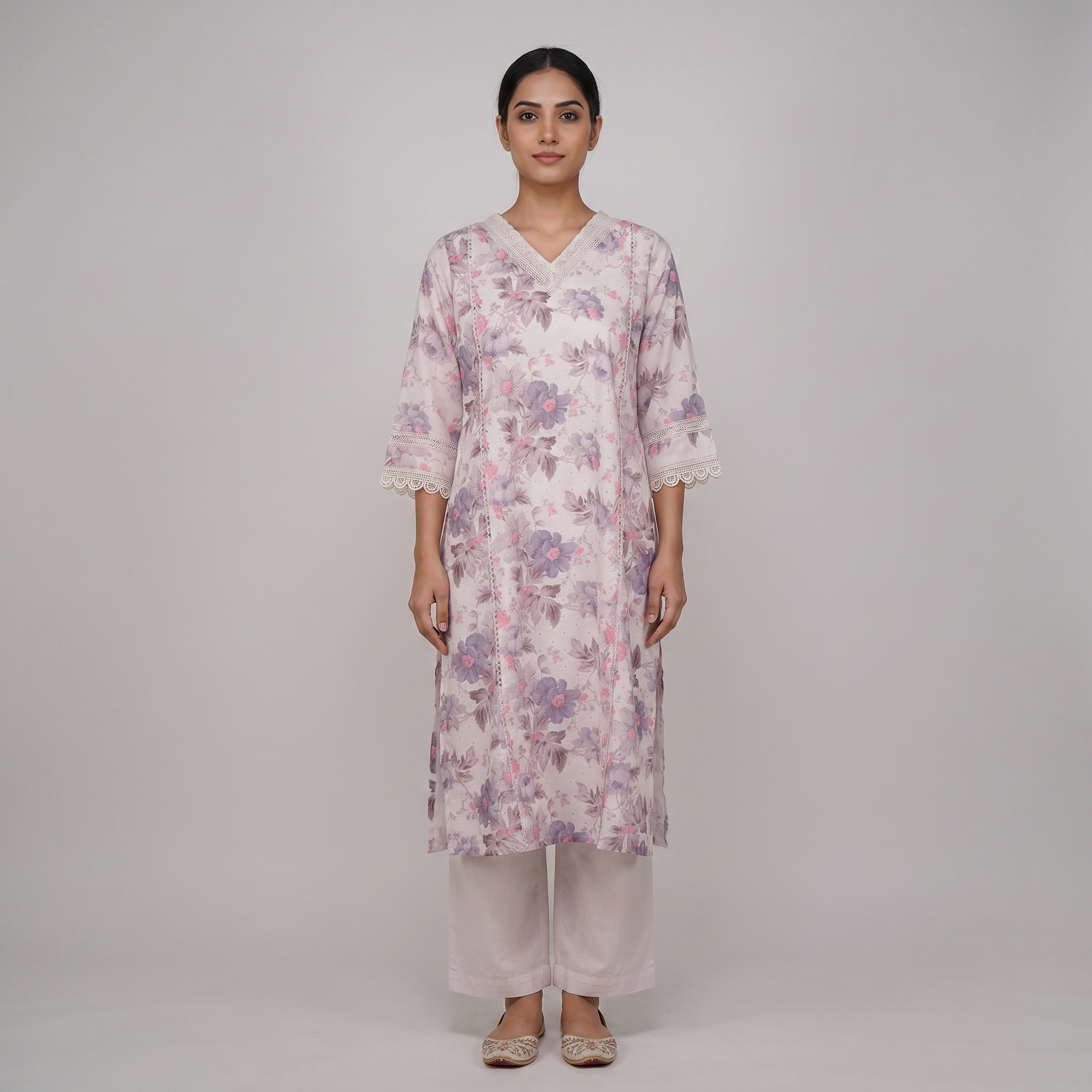 Printed V-Neck Straight Kurta