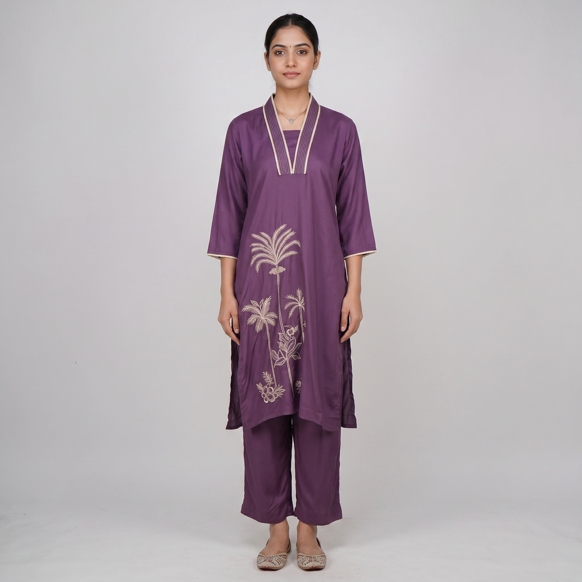 Embroidered V-Neck Straight Kurta