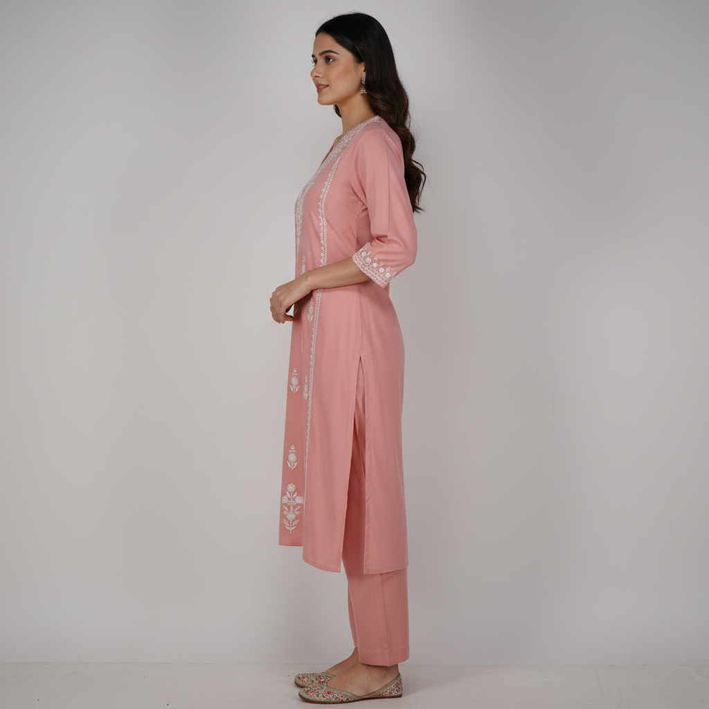 Embroidered V-Neck Straight Kurta