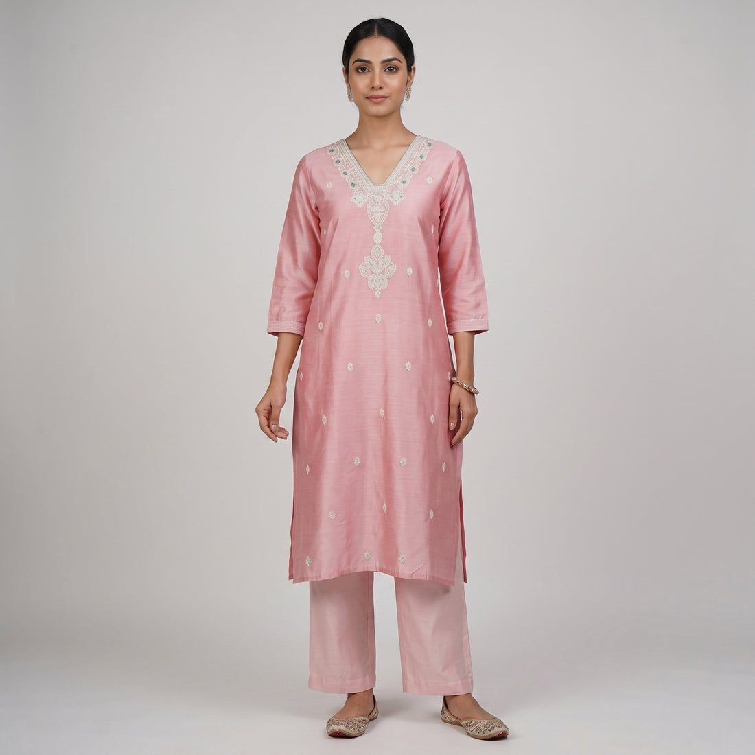 Embroidered V-Neck Straight Kurta