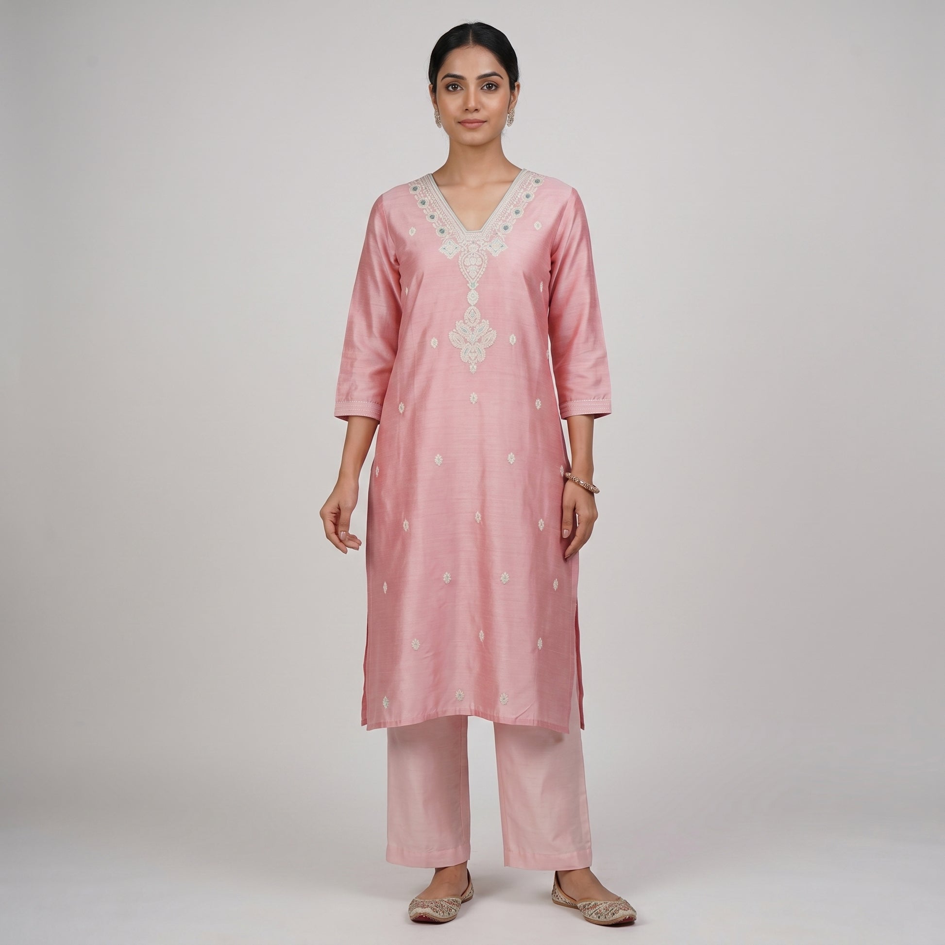 Embroidered V-Neck Straight Kurta