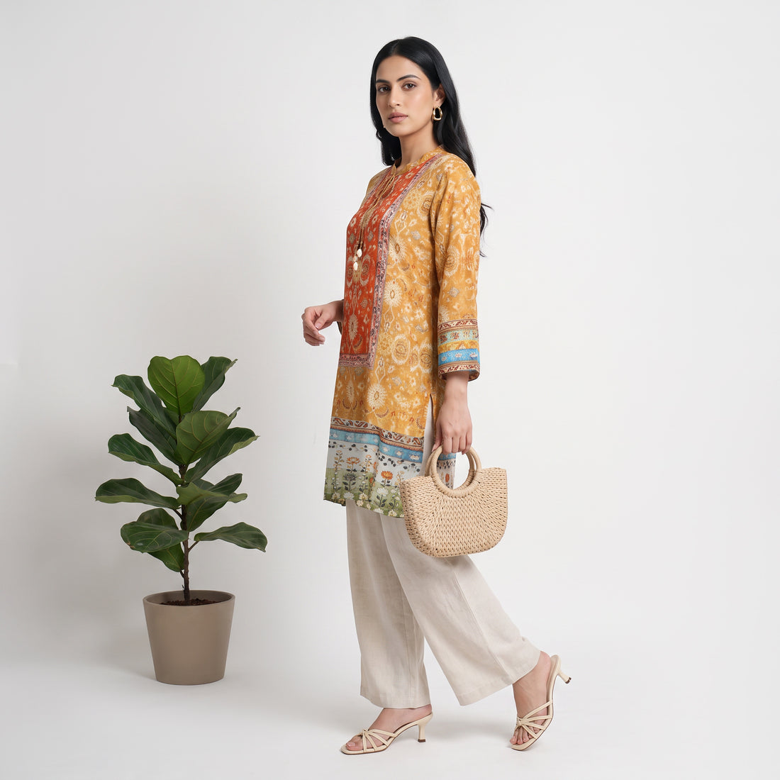 Printed Mandarin Collar Straight Kurta