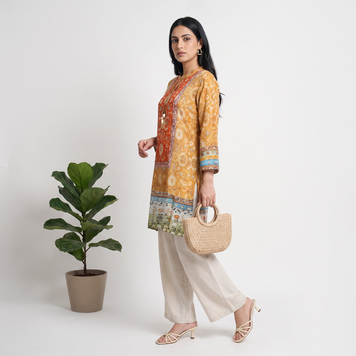 Printed Mandarin Collar Straight Kurta