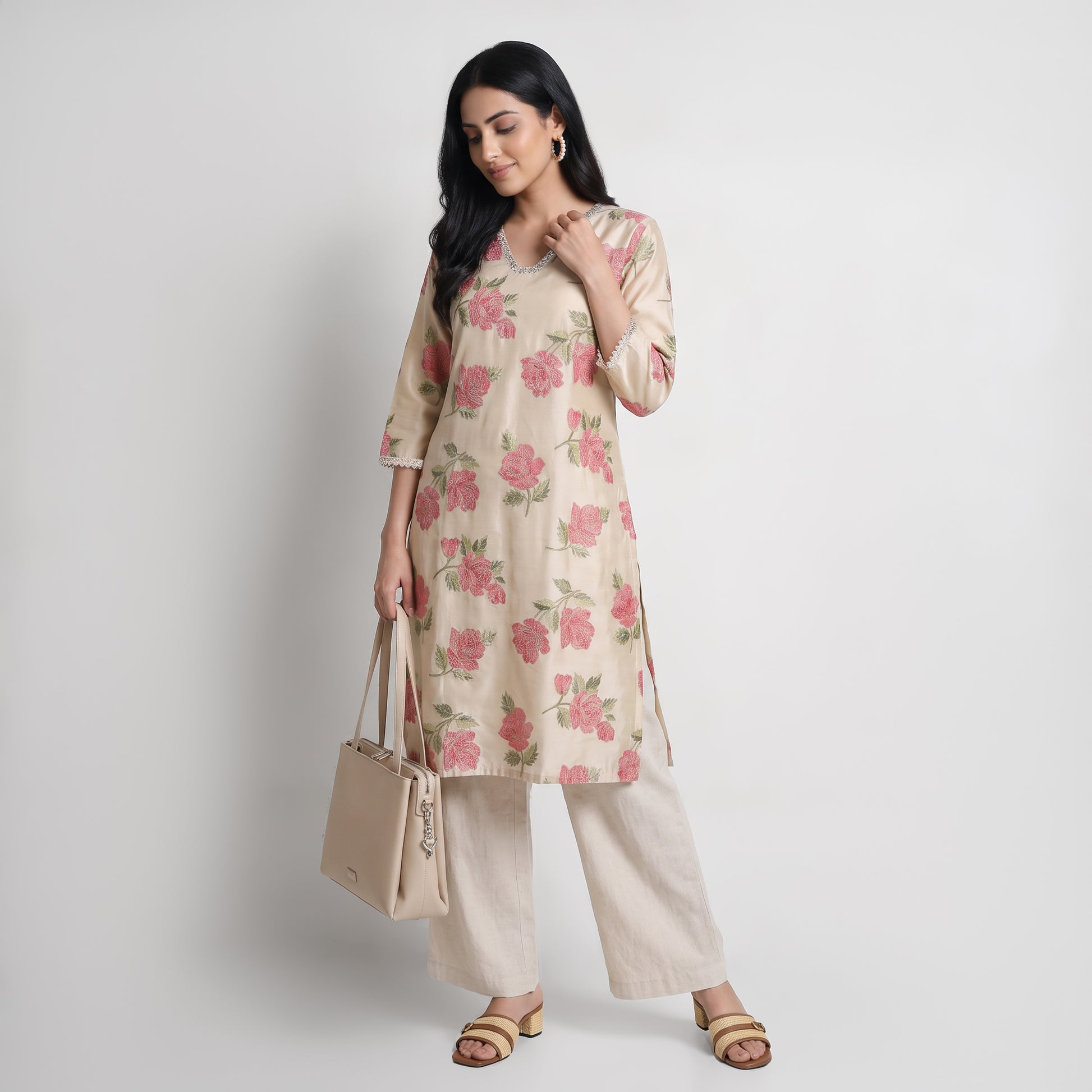 Printed V-Neck Straight Kurta