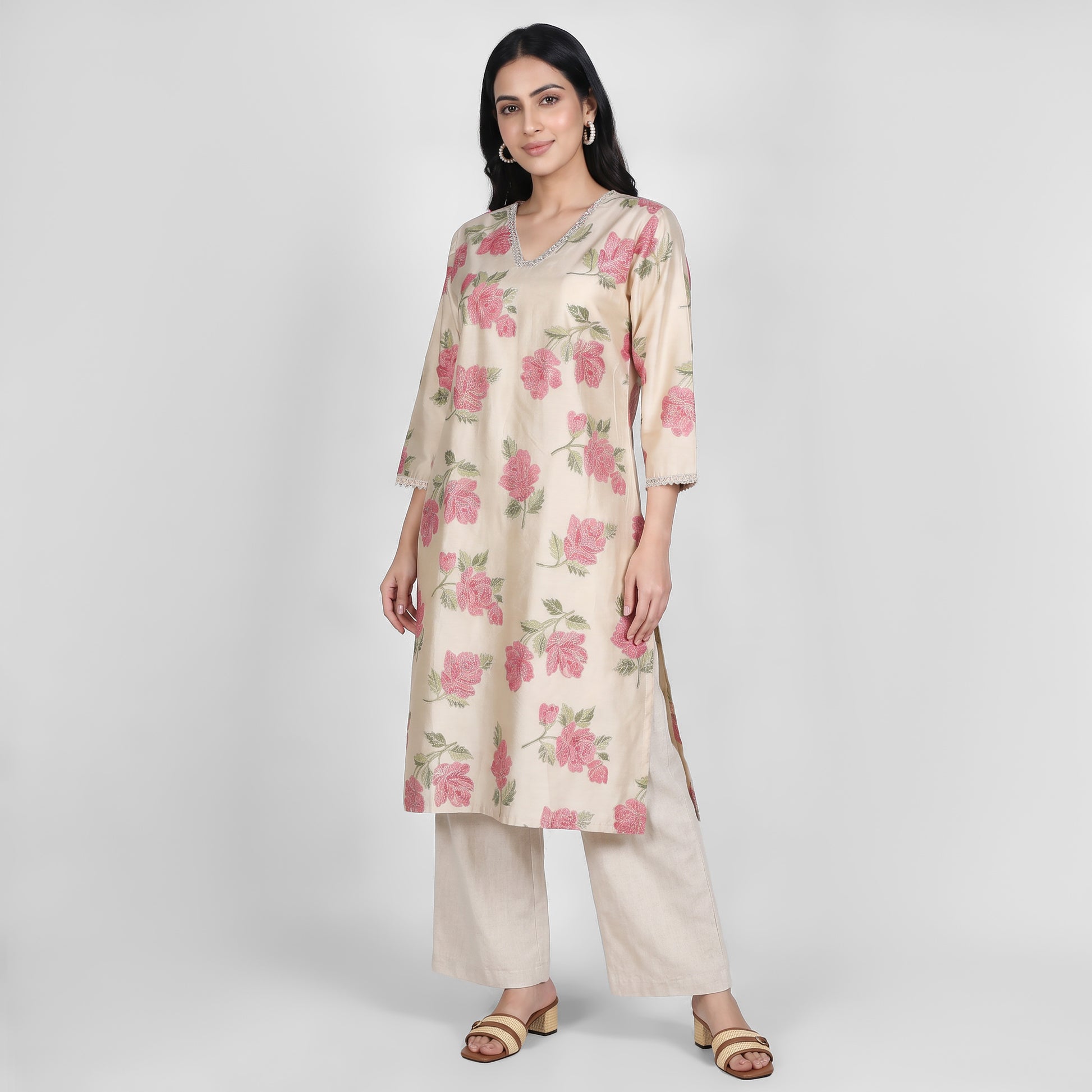 Printed V-Neck Straight Kurta