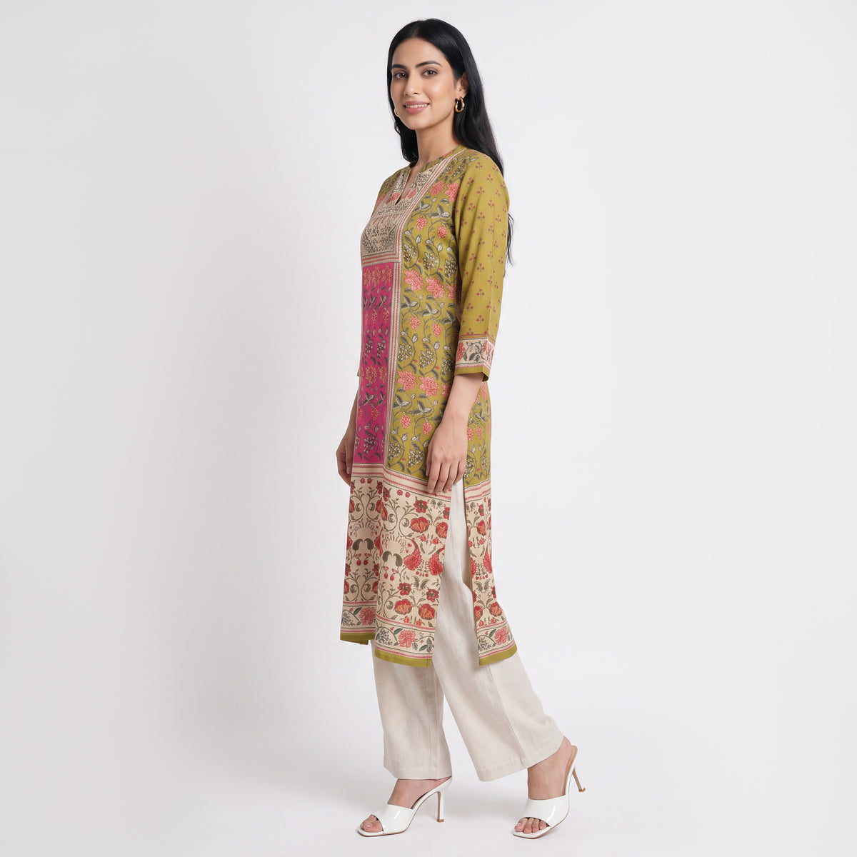 Printed Band Collar Straight Kurta