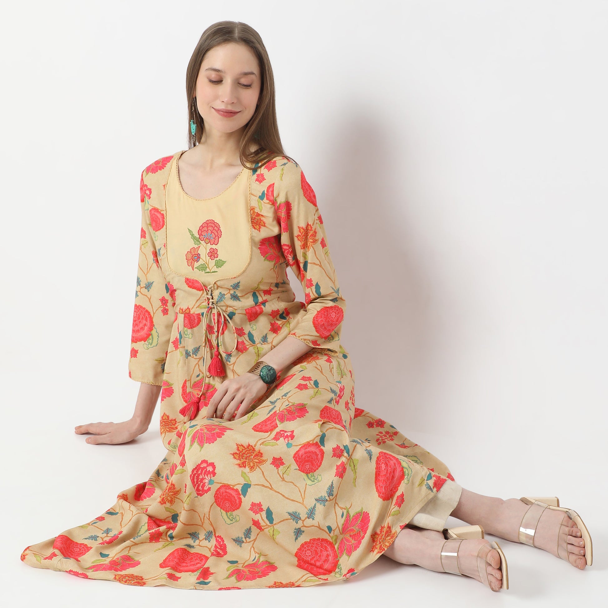 All Over Floral Print Blossoming Reflections Gathered Kurta with Mock Jacket Style