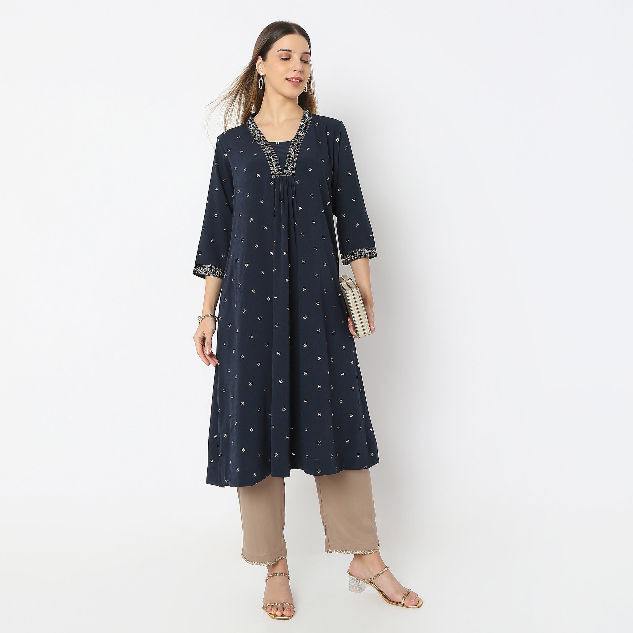 Printed Below Knee V-Neck Embroidered Majesty Flared Kurta