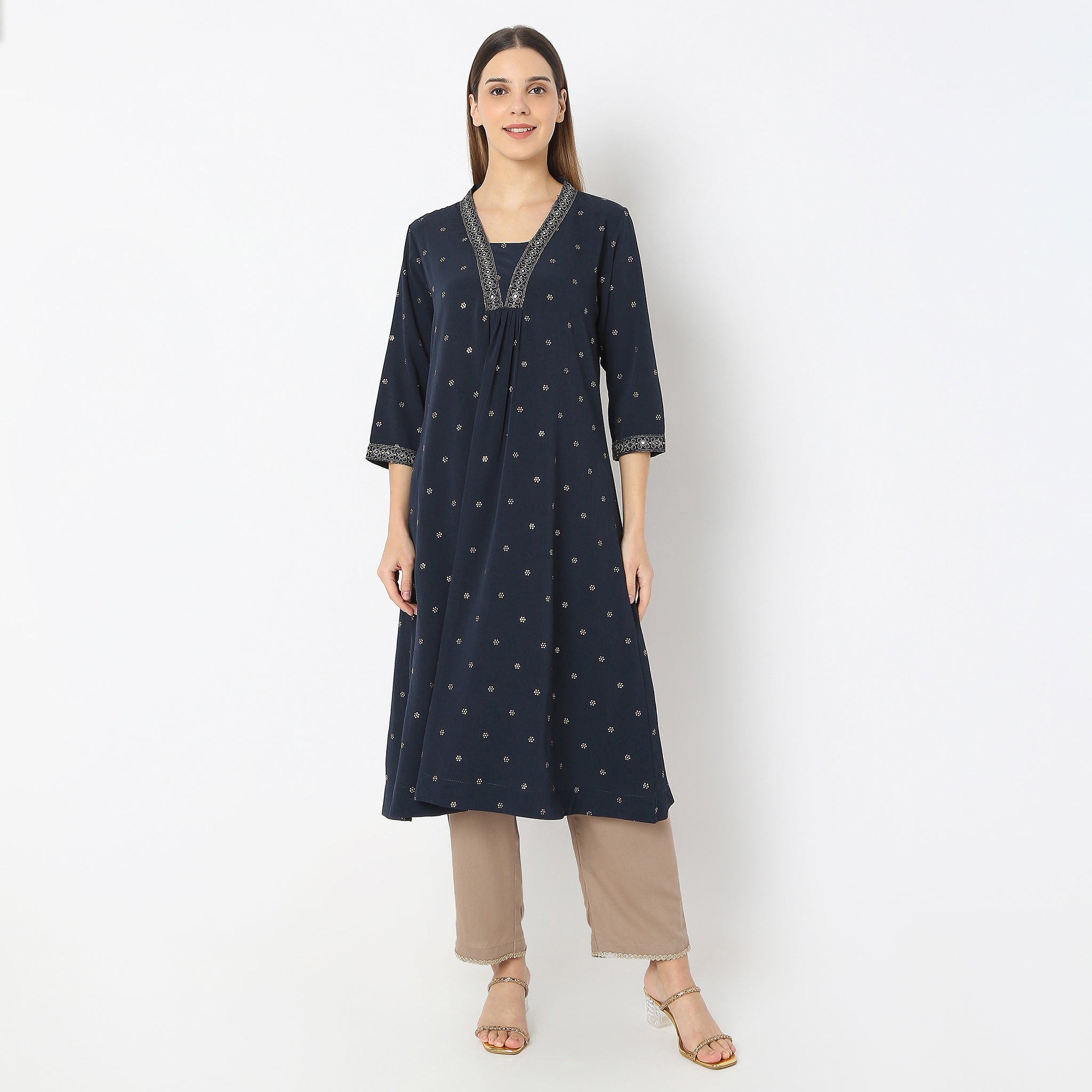 Printed Below Knee V-Neck Embroidered Majesty Flared Kurta