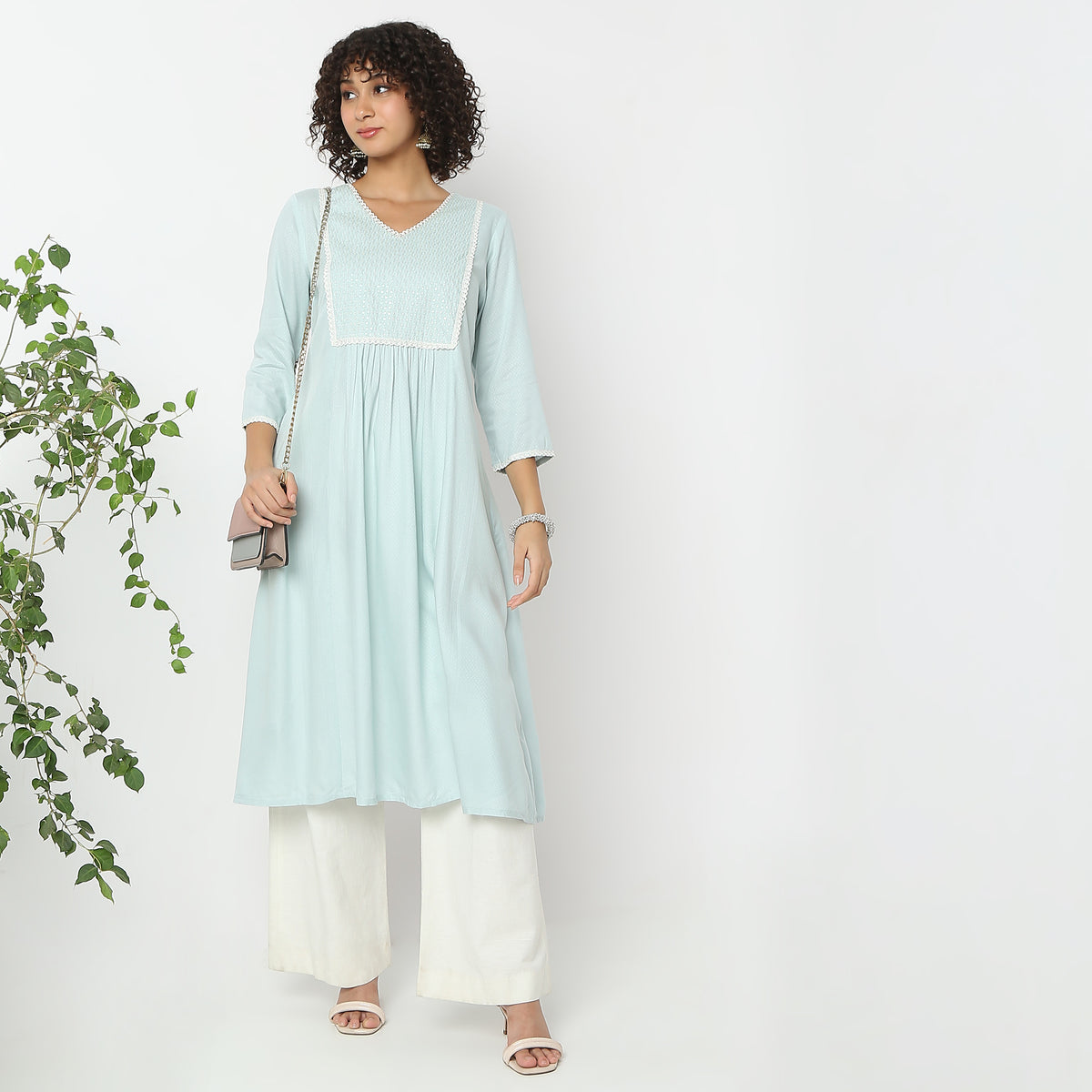 Flare Fit Embroidered V-Neck Kurta