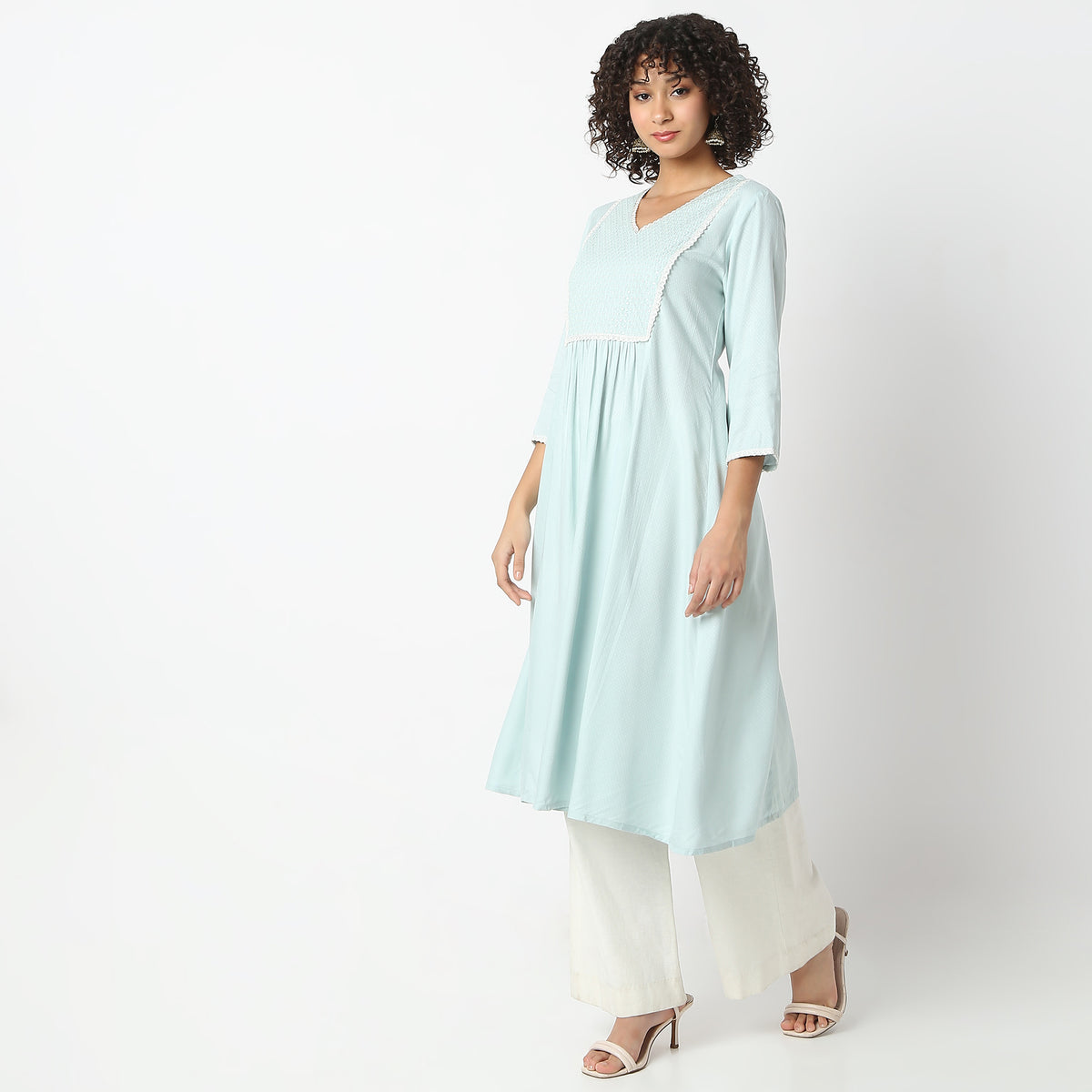 Flare Fit Embroidered V-Neck Kurta