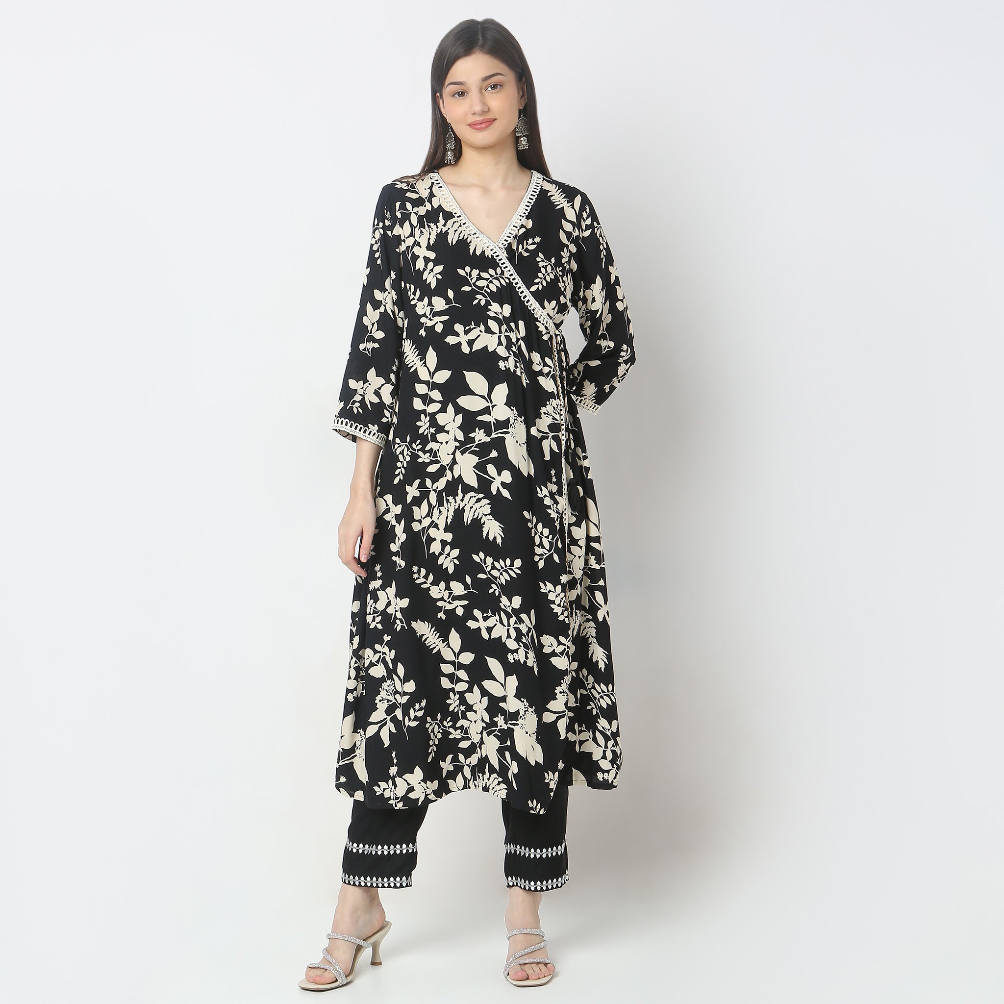 A-Line Printed Knee Length V-Neck Flared Kurta