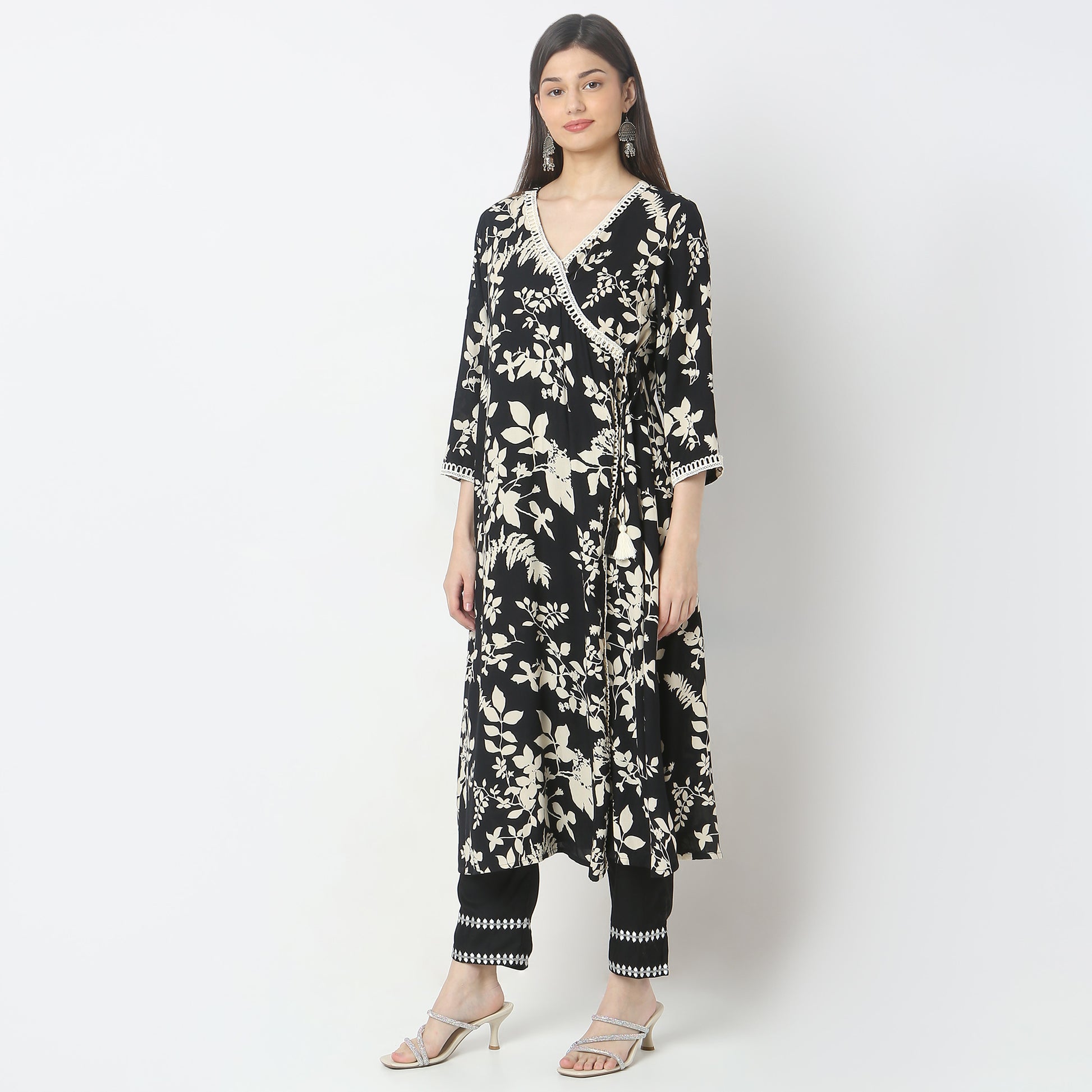 A-Line Printed Knee Length V-Neck Flared Kurta