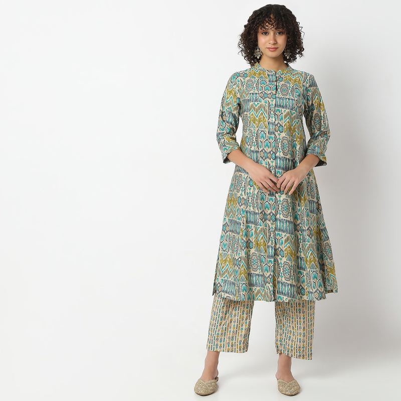 Flare Fit Printed Band Neck Kurta with Pant Set