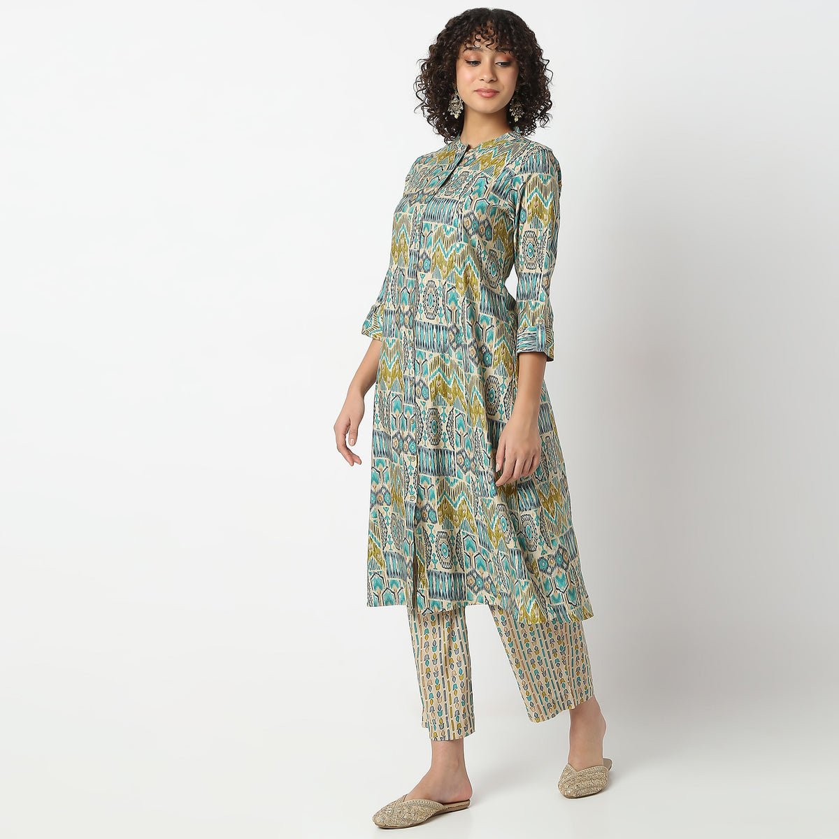 Flare Fit Printed Band Neck Kurta with Pant Set