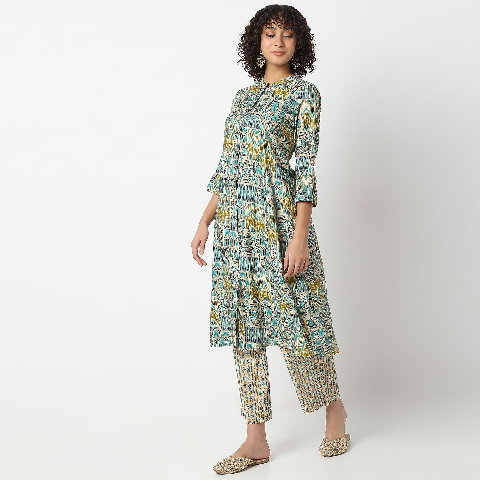Flare Fit Printed Band Neck Kurta with Pant Set