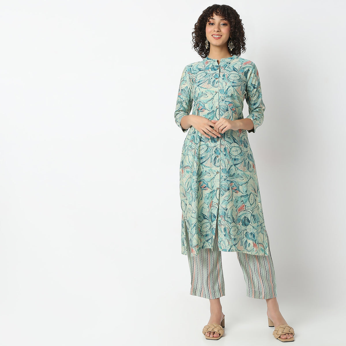 Flare Fit Printed Band Neck Kurta with Pant Set