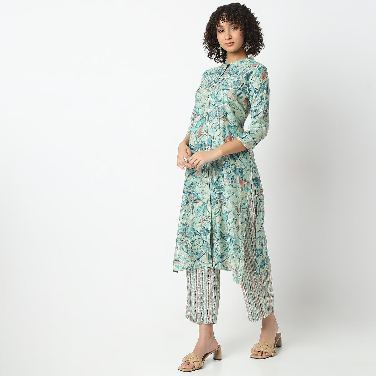 Flare Fit Printed Band Neck Kurta with Pant Set