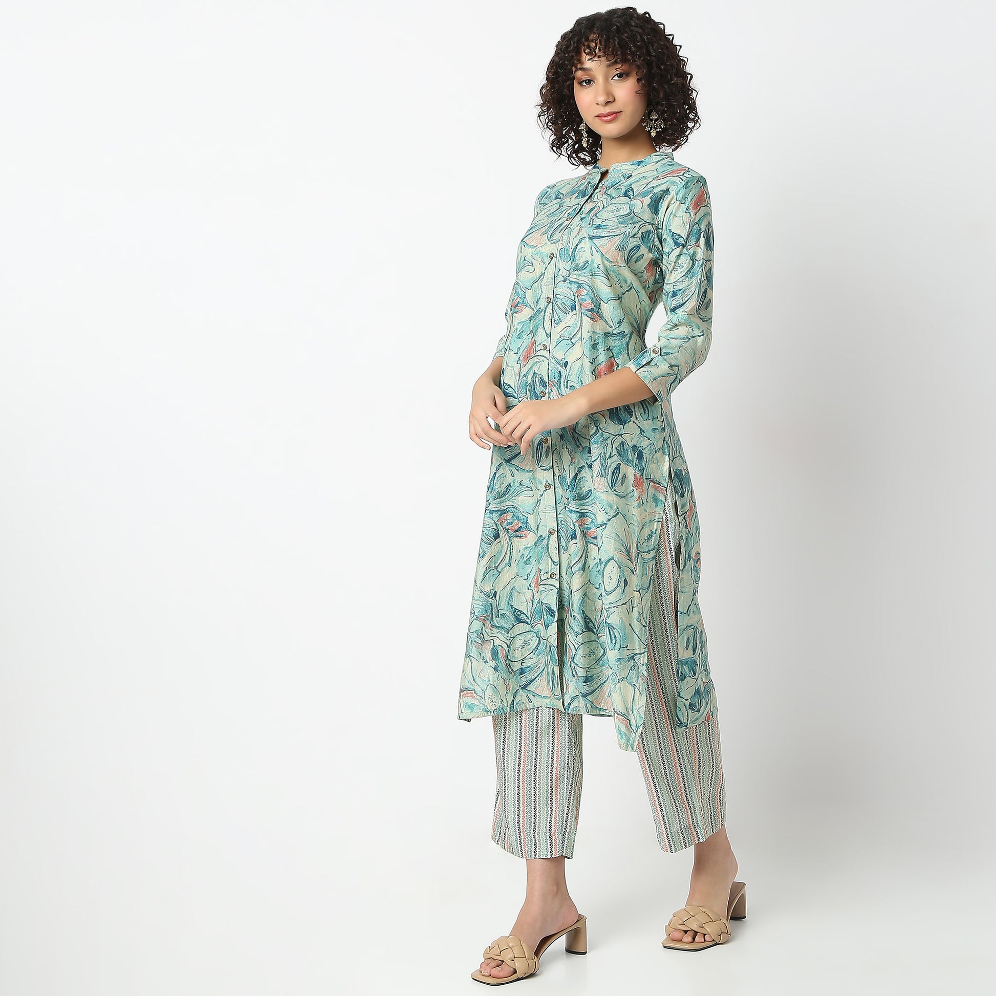 Flare Fit Printed Band Neck Kurta with Pant Set