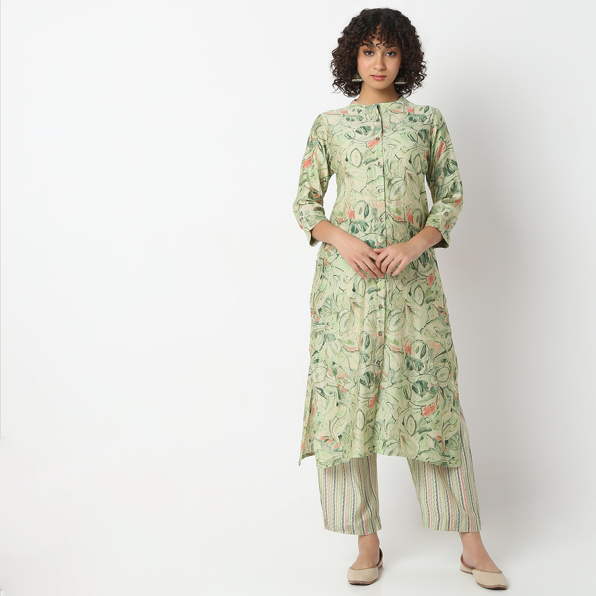 Flare Fit Printed Band Neck Kurta with Pant Set