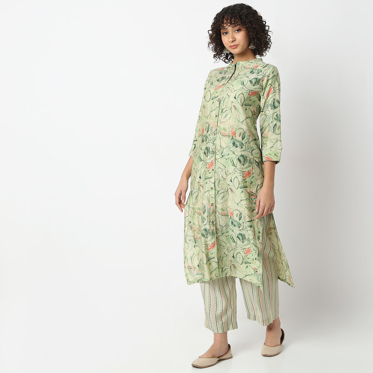 Flare Fit Printed Band Neck Kurta with Pant Set