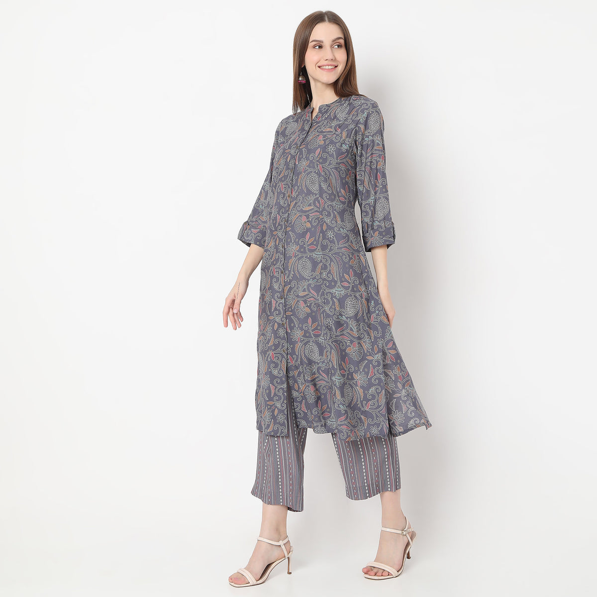 Floral Print Calf Length A-Line Kurta with Pant Set