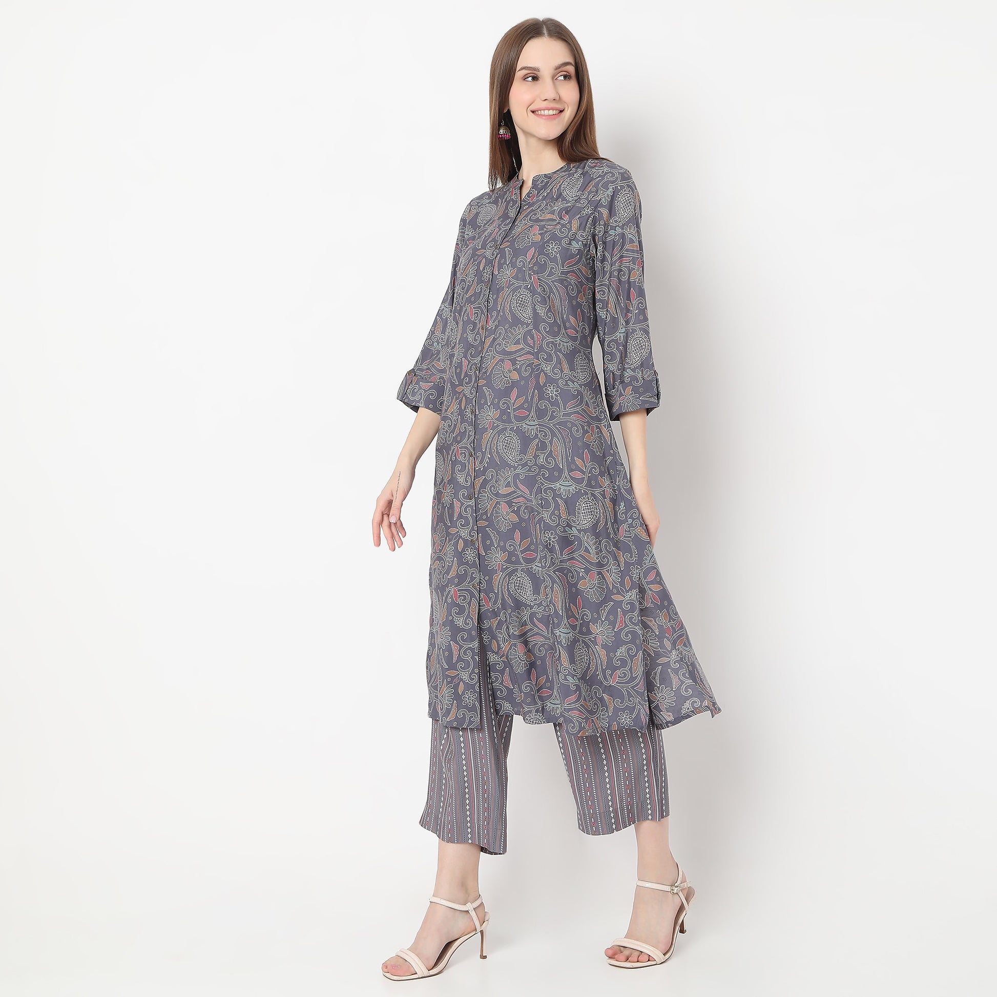 Floral Print Calf Length A-Line Kurta with Pant Set