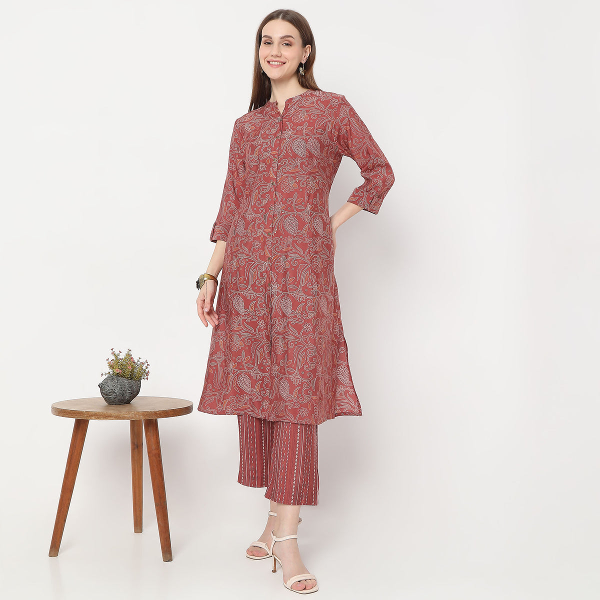 Floral Print Calf Length A-Line Kurta with Pant Set