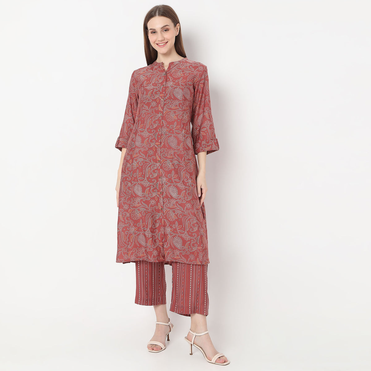 Floral Print Calf Length A-Line Kurta with Pant Set