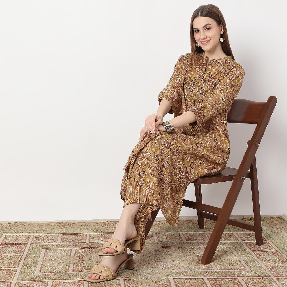 Floral Print Calf Length A-Line Kurta with Pant Set