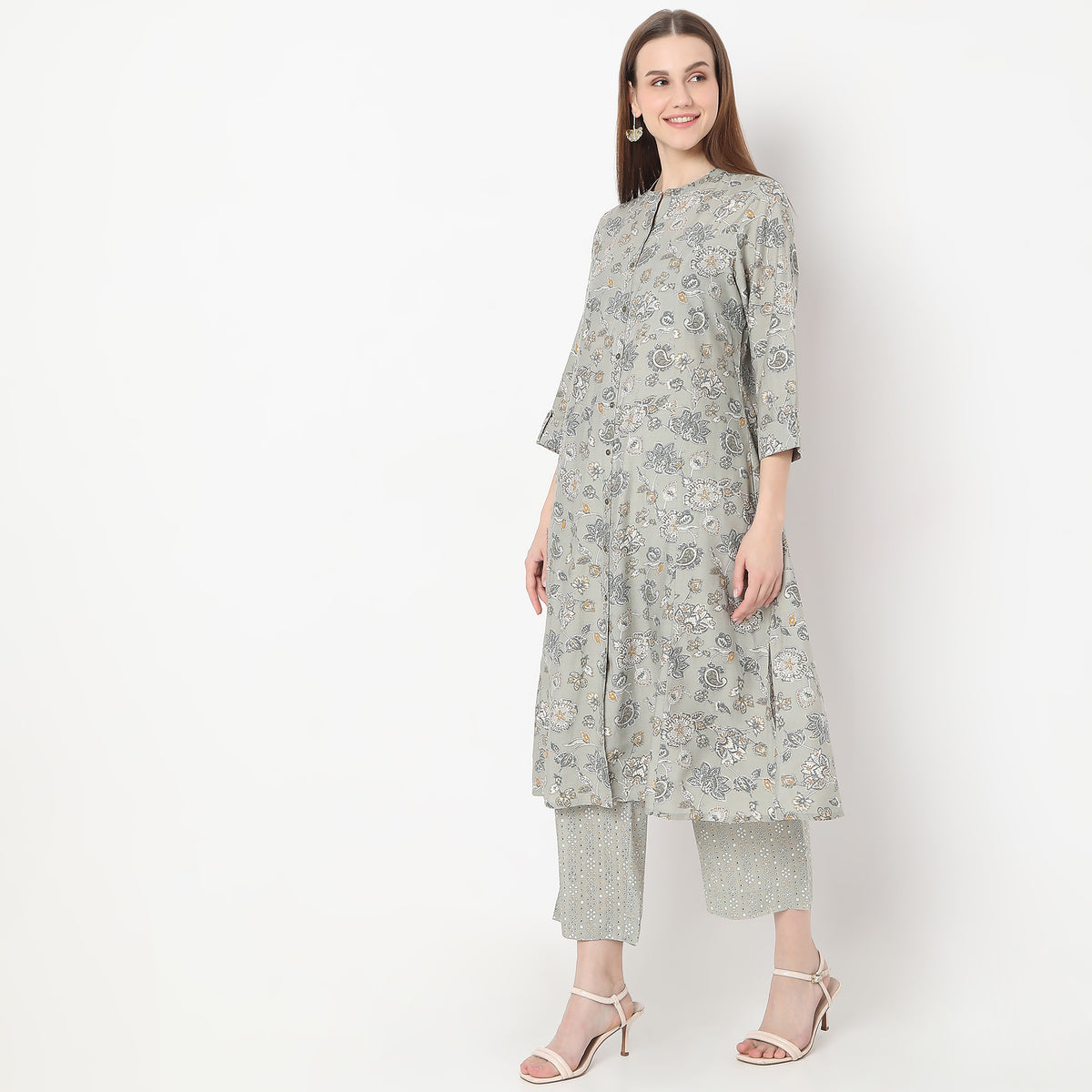 Floral Print Calf Length A-Line Kurta with Pant Set