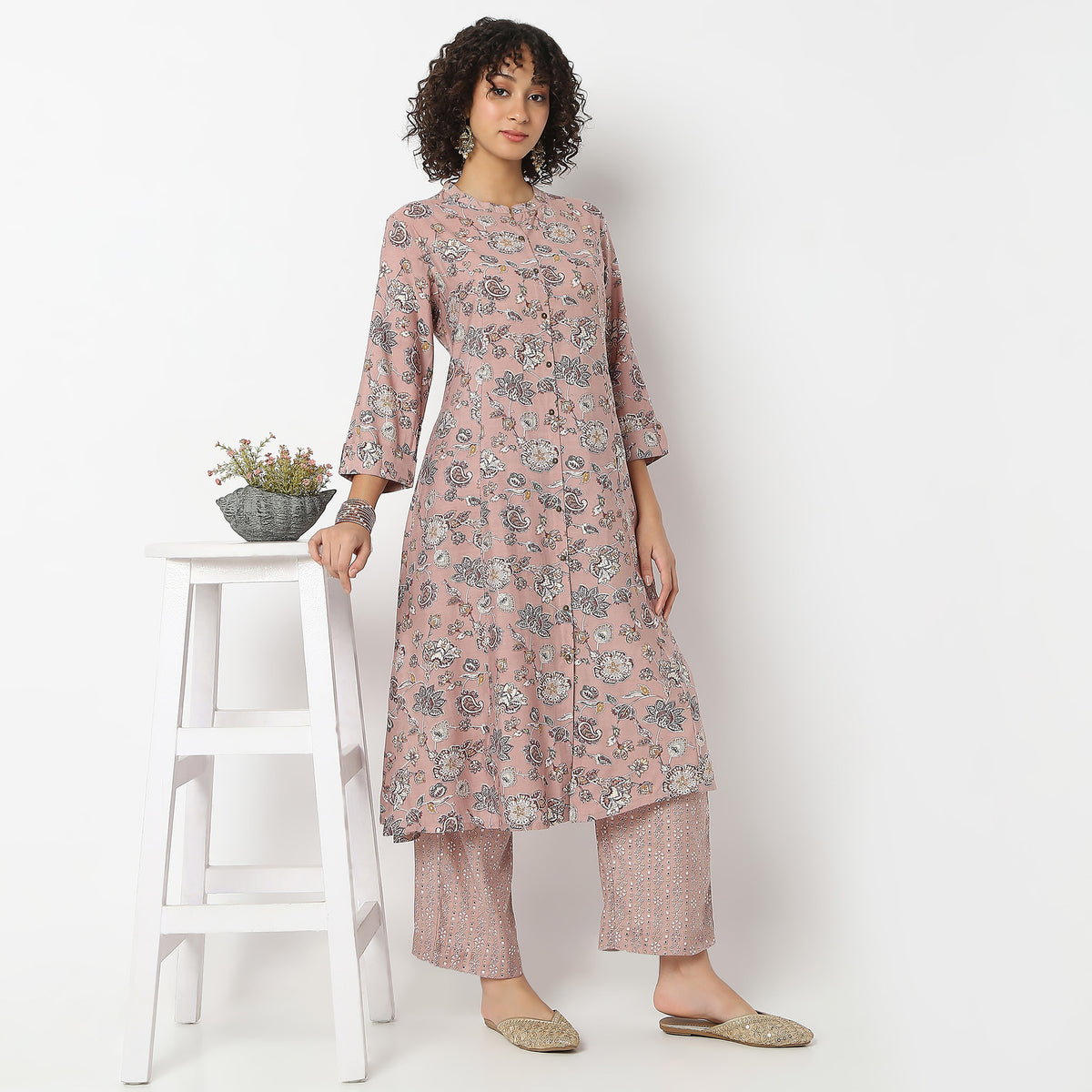 Floral Print Calf Length A-Line Kurta with Pant Set