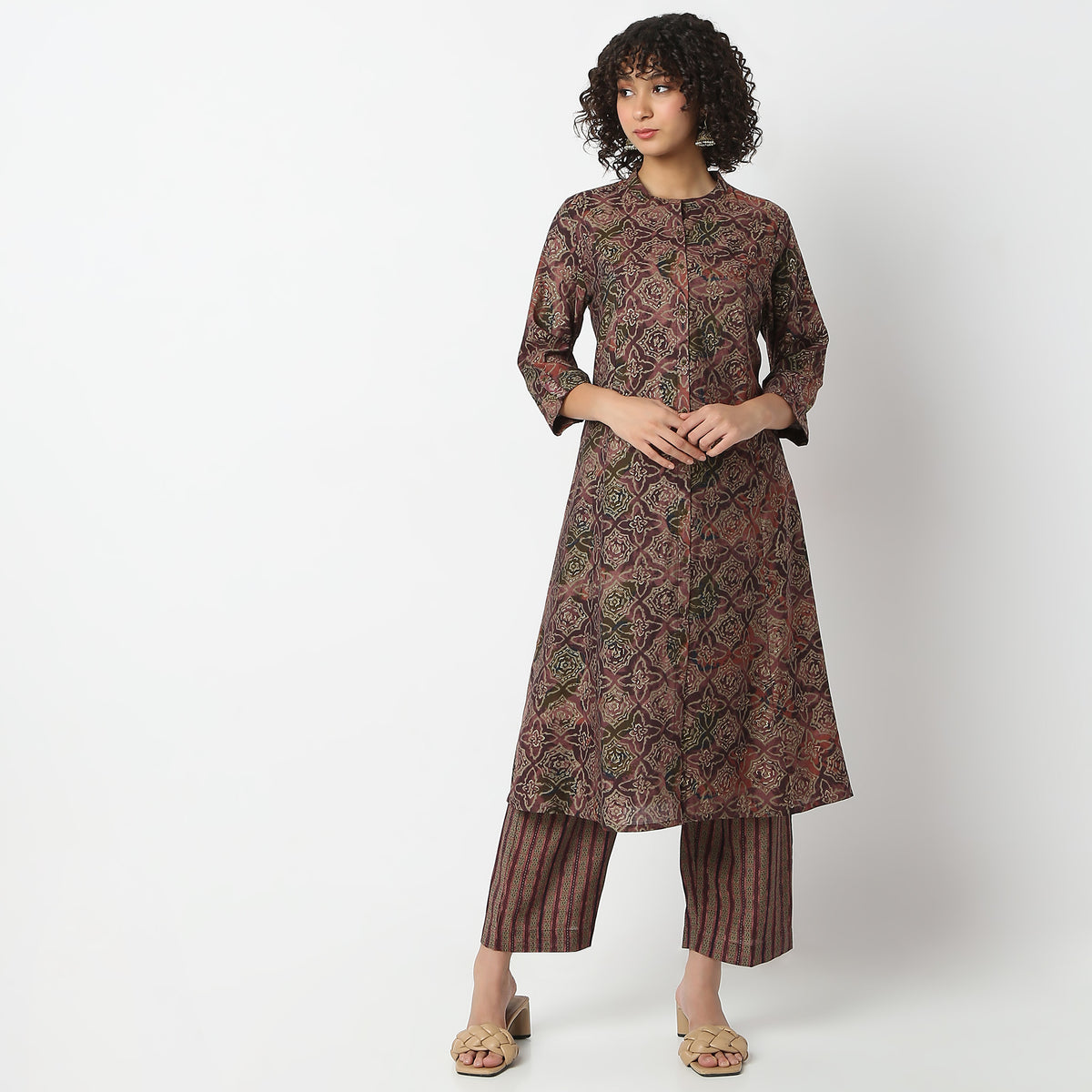 Regular Fit Printed Band Neck A-Line Kurta with Pant Set