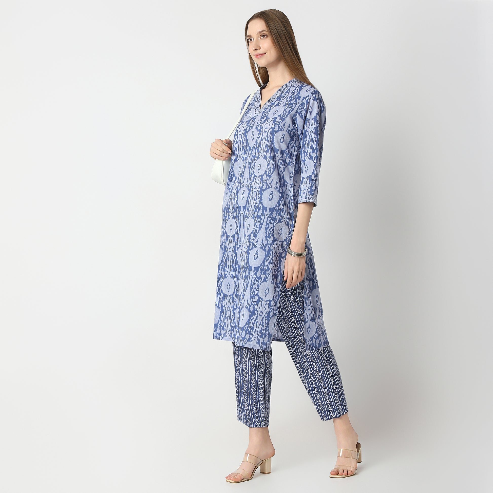 Regular Fit Printed V Neck Kurta with Pant Set