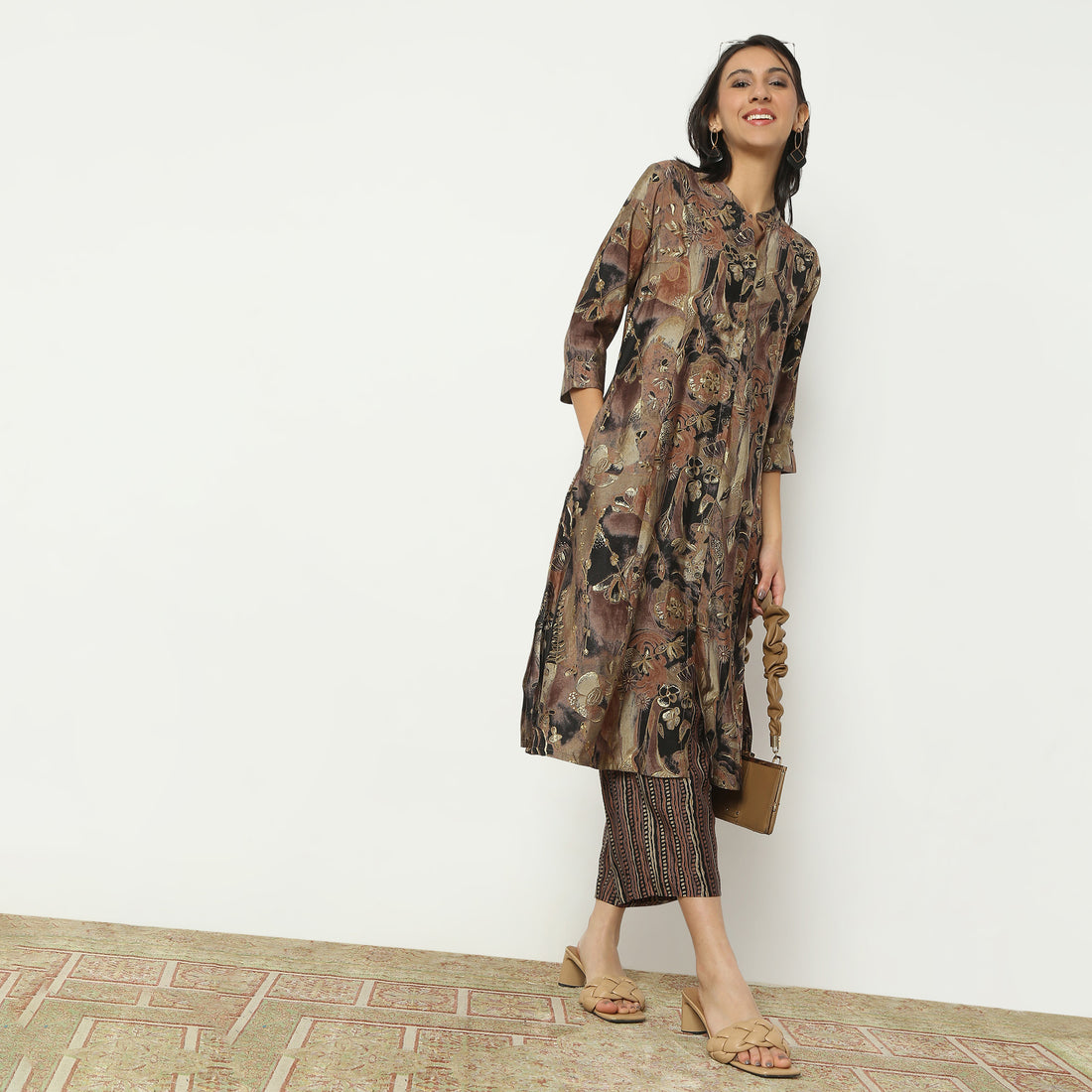 Regular Fit Printed Band Collar Kurta with Pant Set