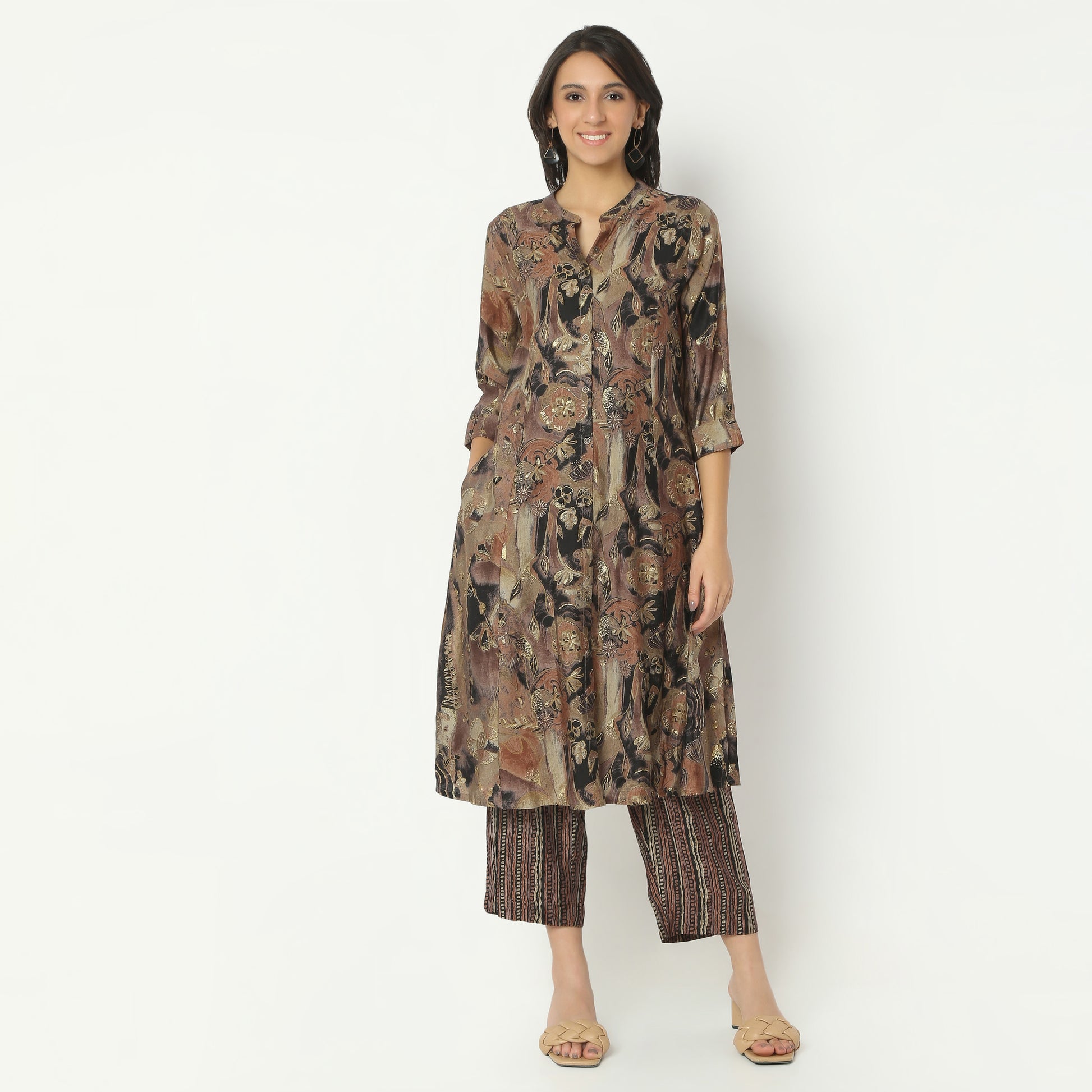 Regular Fit Printed Band Collar Kurta with Pant Set