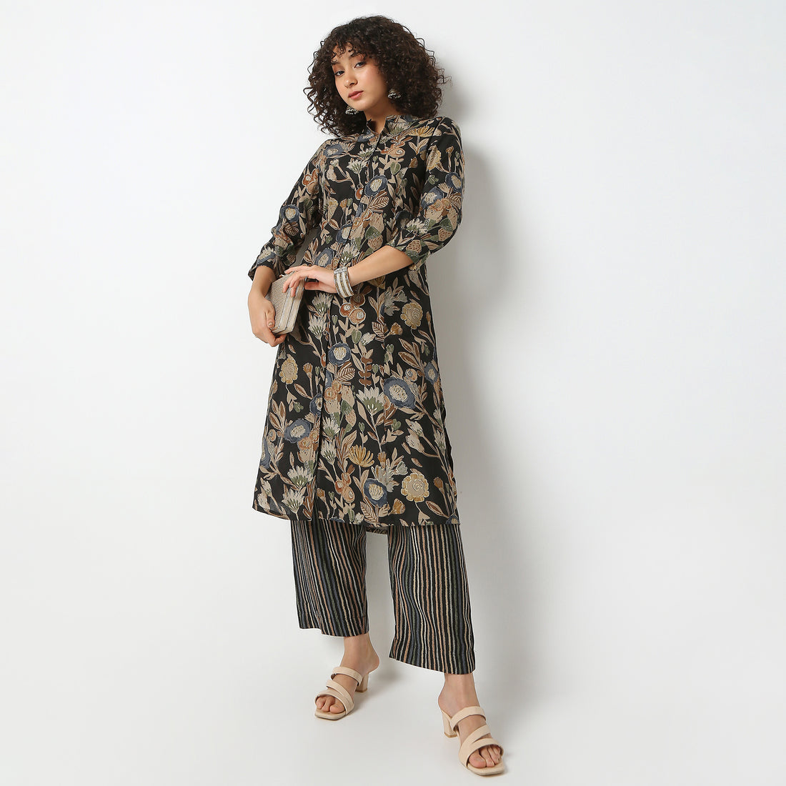 Flare Fit Printed Band Collar Kurta with Pant Set